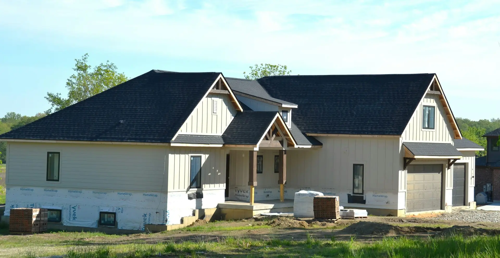 Newly built home with a fresh dark shingle roof